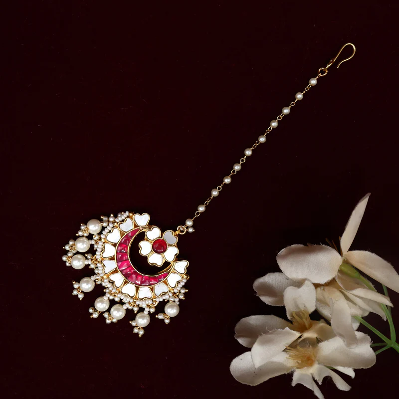 Premium Pachi Kundan Heart Flowers Bridal Single Line Maang Tikka